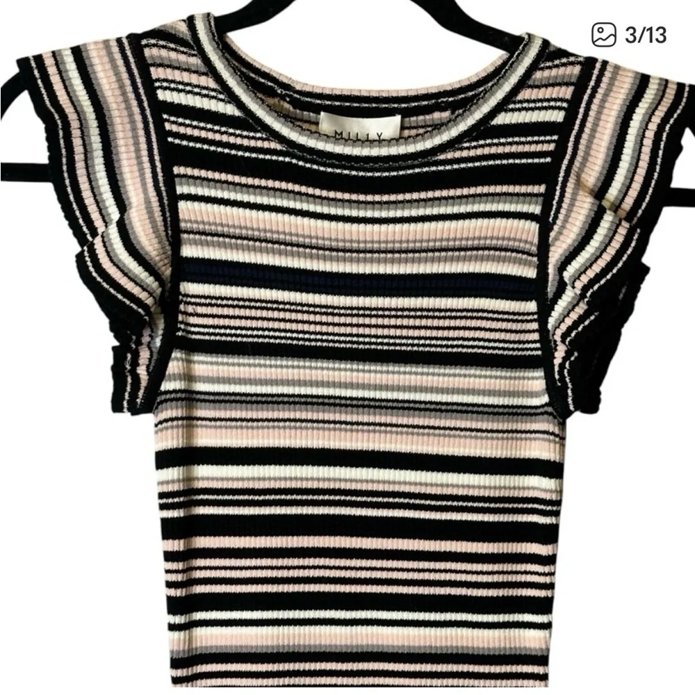 Milly Black Pink White Striped Ribbed Ruffle Hem Midi Dress - Picture 5 of 9